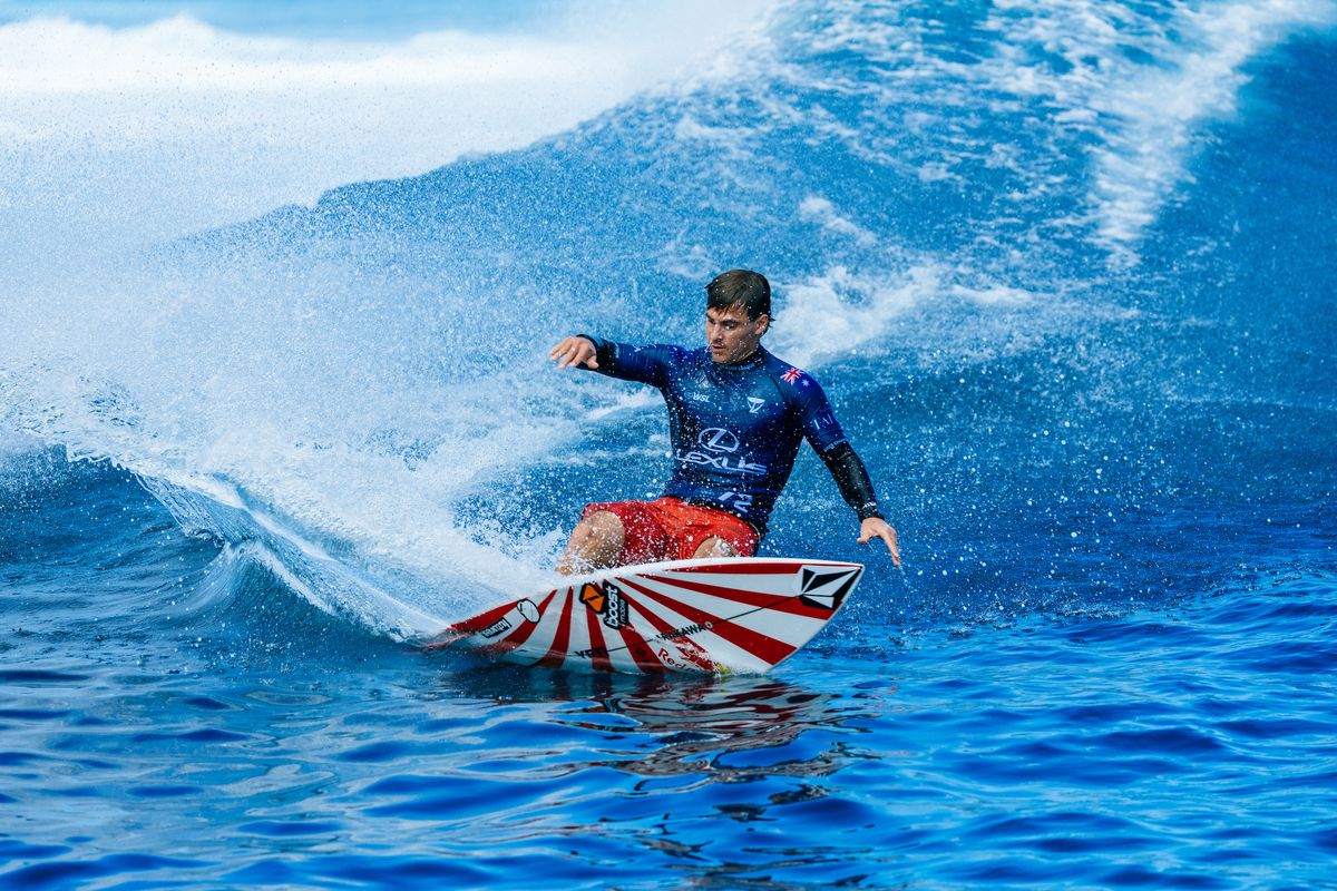 TEAHUPOʻO, TAHITI, FRENCH POLYNESIA - AUGUST 13: Jack Robinson of Australia surfs in Heat 2 of the Quarterfinals at the Lexus Tahiti Pro on August 13, 2025 at Teahupoʻo, Tahiti, French Polynesia.