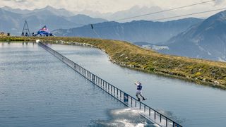 Red Bull Athlete Jamie Huser Sets Wakeboarding World Record with 140-Meter Rail (Wakeboarding). Photo by Red Bull Content Pool