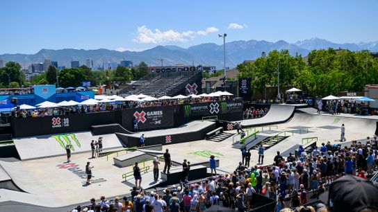 Jamie Foy, of the United States, slides his skateboard down a rail in the Monster Energy Men's Skateboard Street Best Trick Final during X Games Salt Lake City, Sunday, June 29, 2025, in Salt Lake City, Utah. 