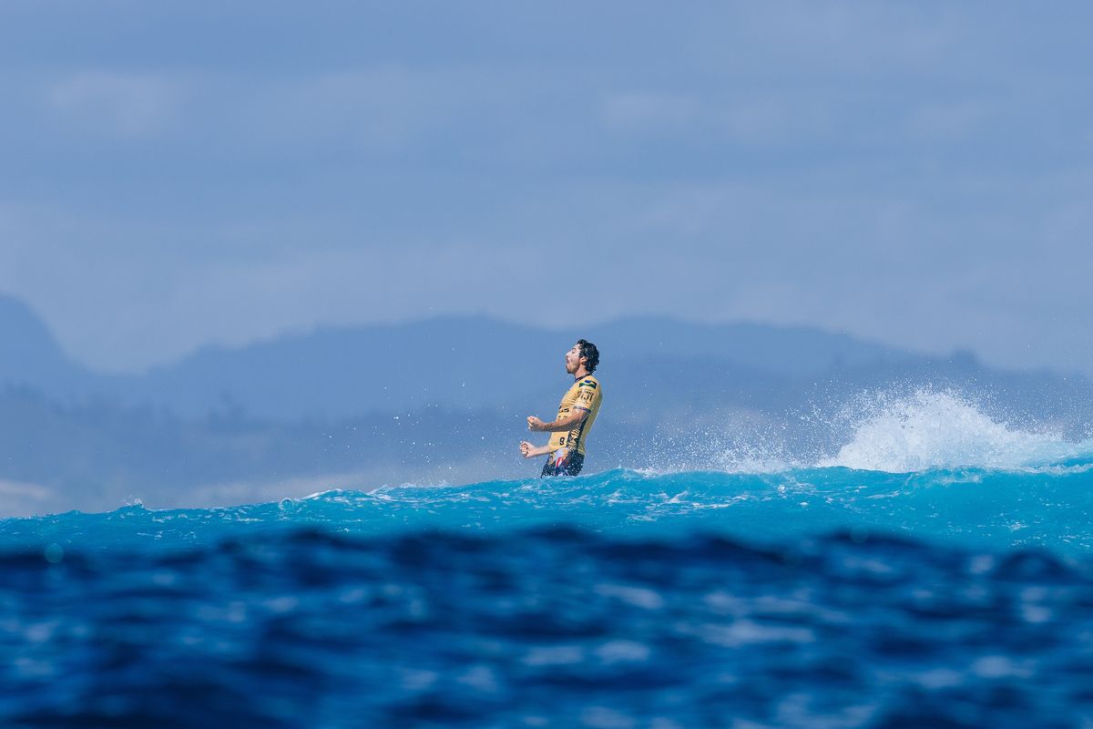 Yago Dora of Brazil after winning the 2025 World Title after Title Match 1 at the Lexus WSL Finals Fiji on September 2, 2025 at Cloudbreak, Tavarua, Fiji.