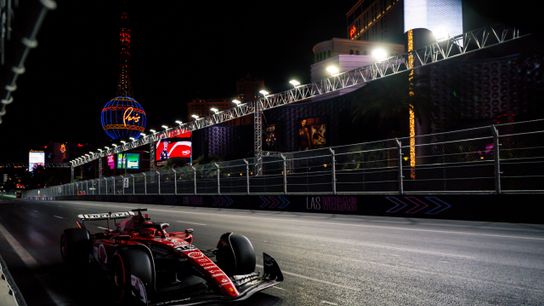 Charles LeClerc races down the Las Vegas Strip during the Formula 1 Heineken Silver Las Vegas Grand Prix on Saturday, November 18, 2023, in Las Vegas, NV. (Tyler Tate via AP)
